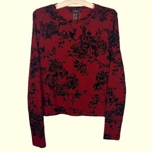 Valentines Velvet Floral Black Red Long Sleeve Top NWT Sz M